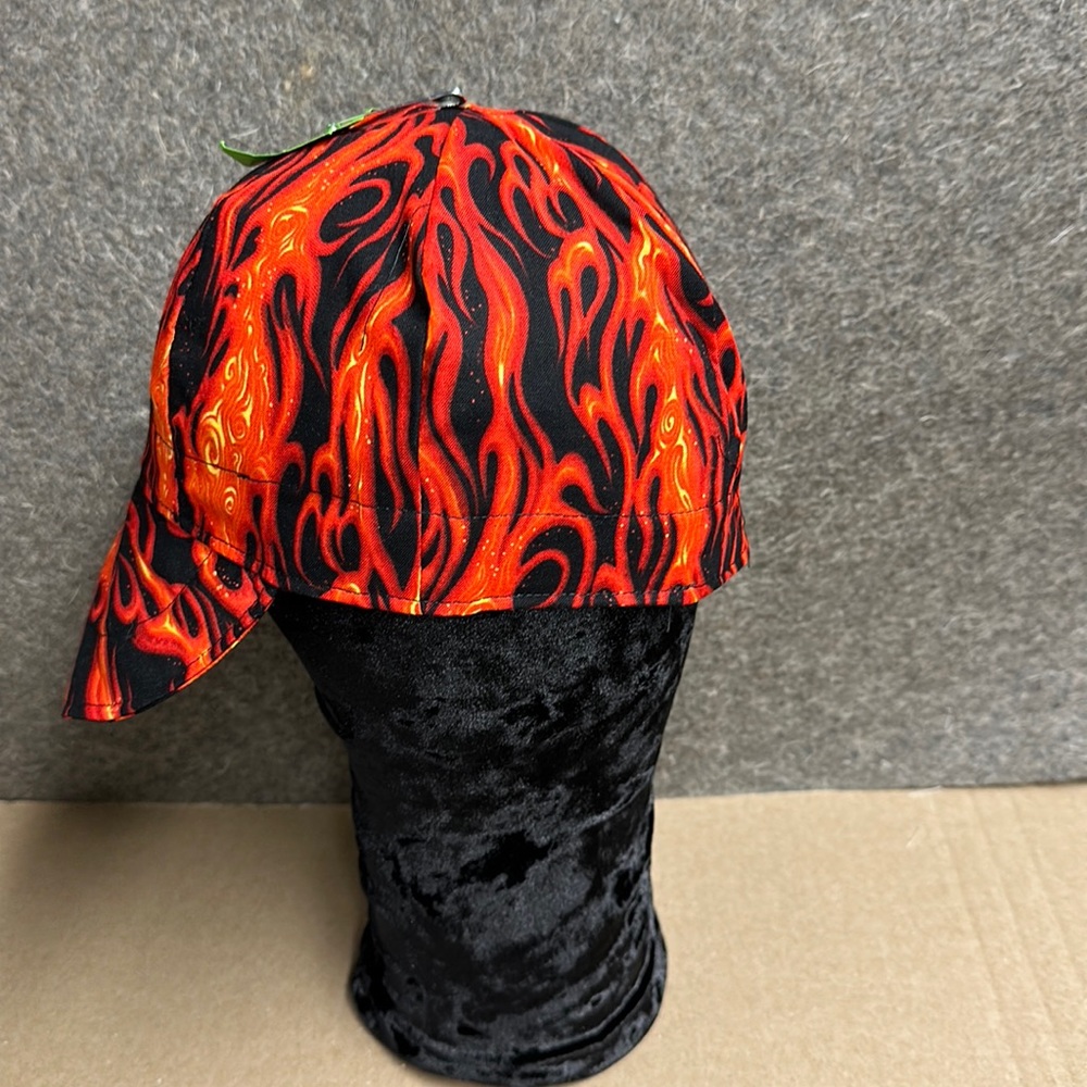 Welding Caps, Cotton, lined, padded flap. Black, yellow, red flames, Reversible